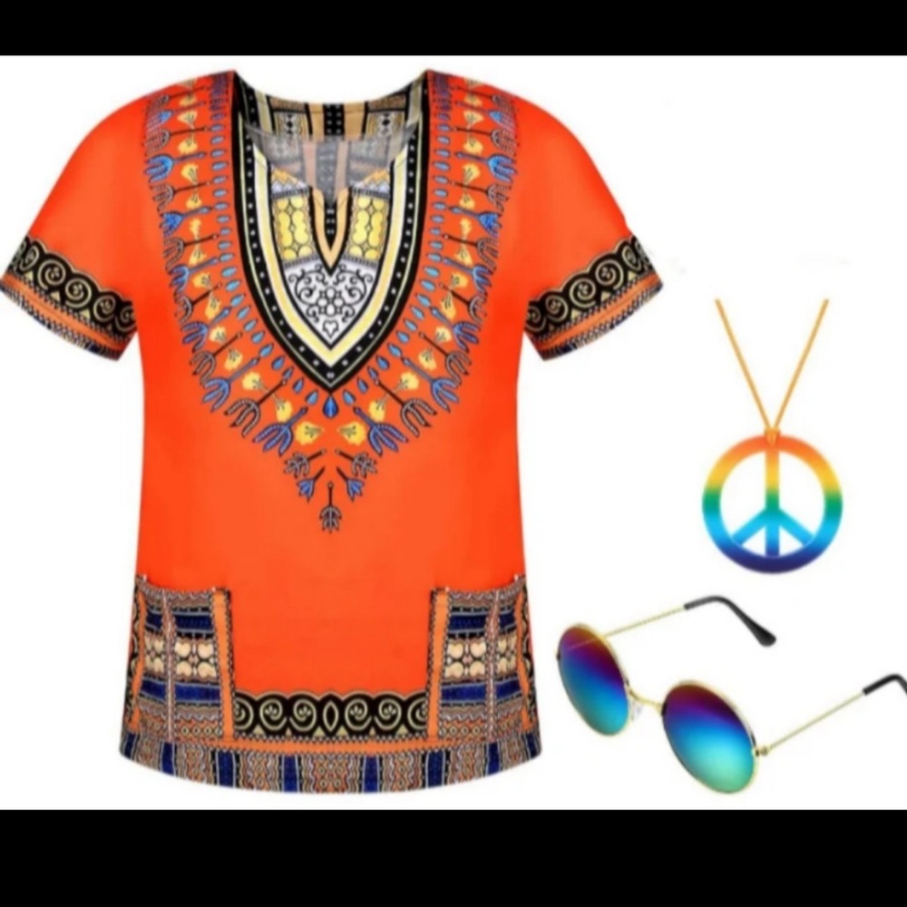70s Hippy Costume Men T-Shirt w/Sunglasses Necklace Hippy Costume & Accessory NW